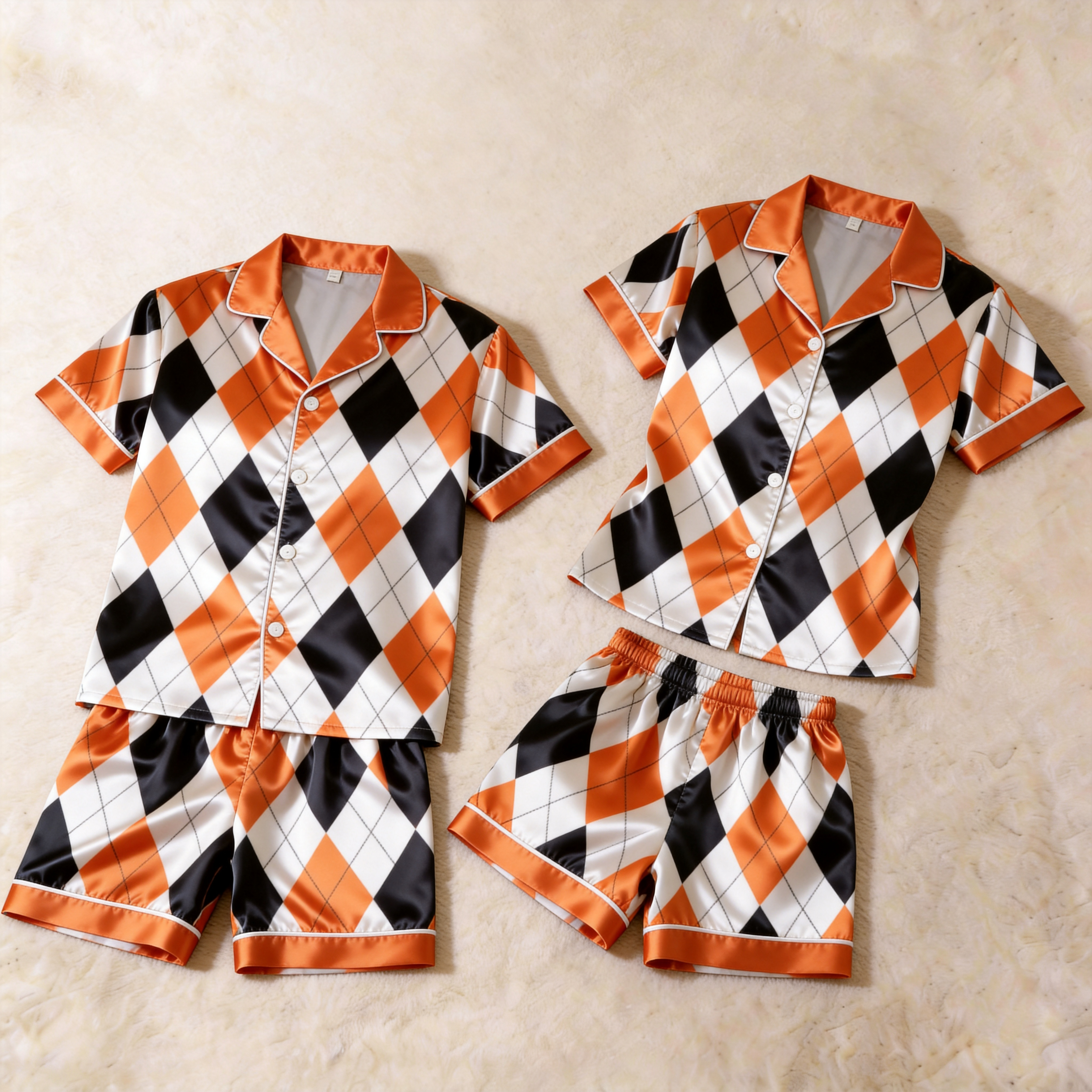 Classic Satin Orange Plaid Pattern Short Sleeve Couple Pajamas for Summer