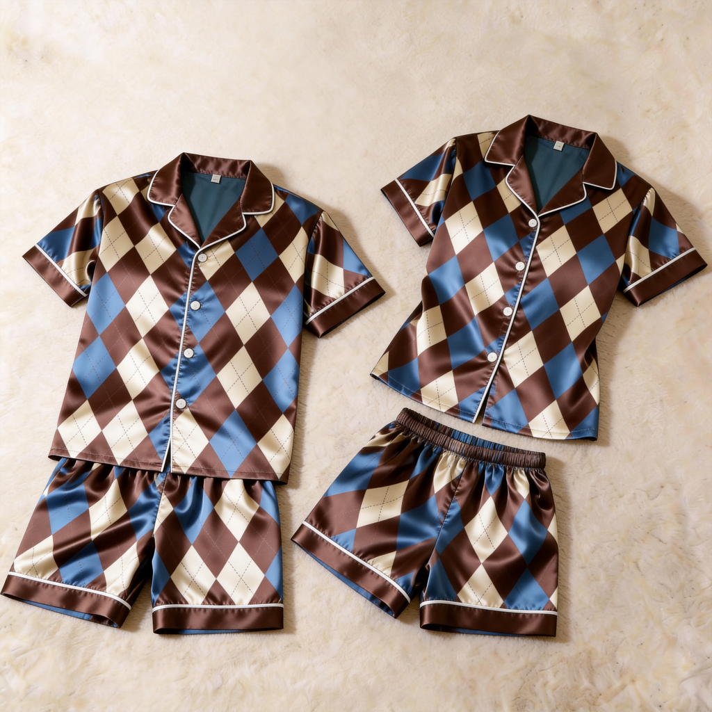 Classic Satin Brown Plaid Pattern Short Sleeve Couple Pajamas for Summer