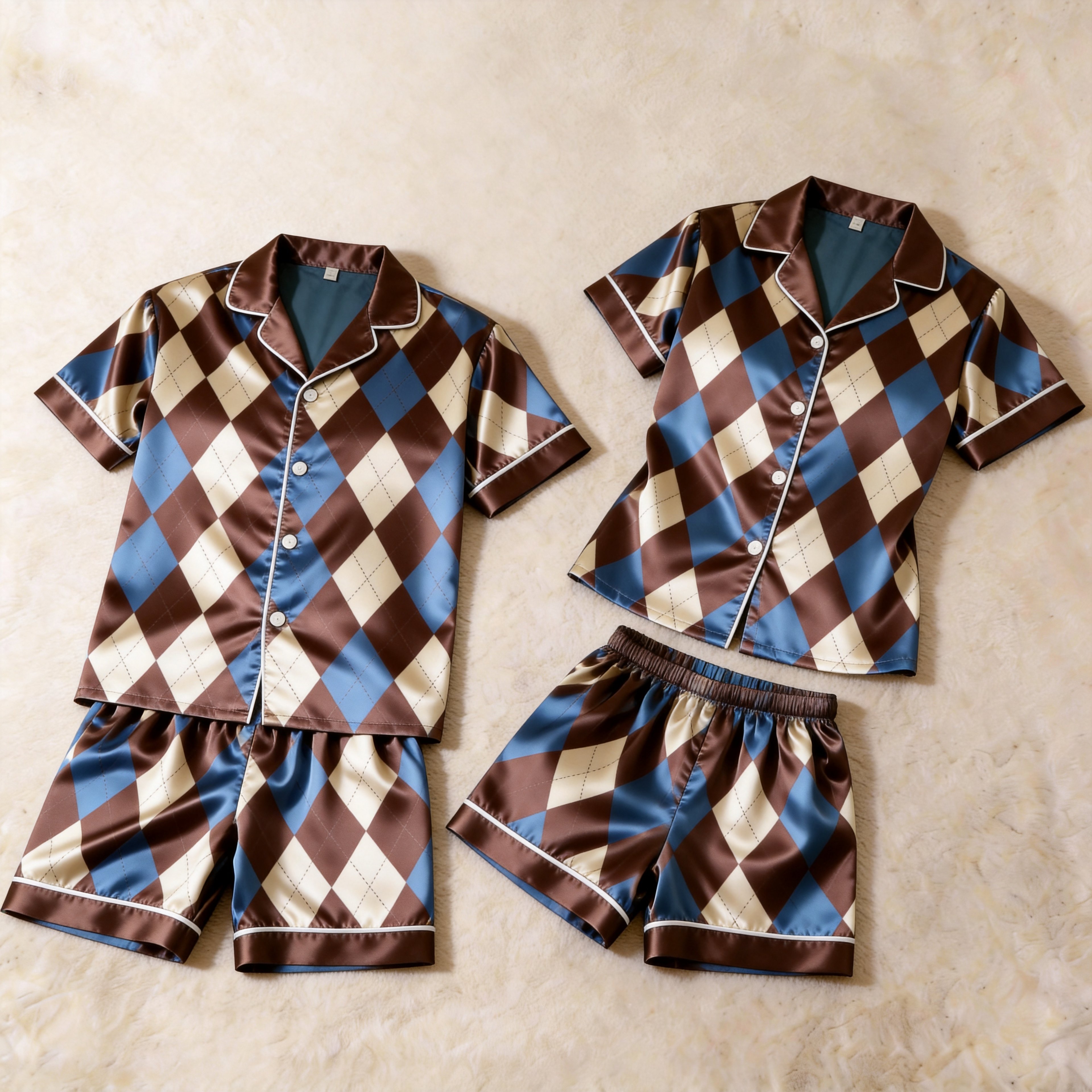 Classic Satin Brown Plaid Pattern Short Sleeve Couple Pajamas for Summer