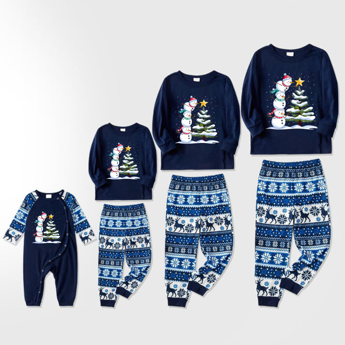 Joyful Blue Christmas Pajamas Set with Snowman & Christmas Tree Print