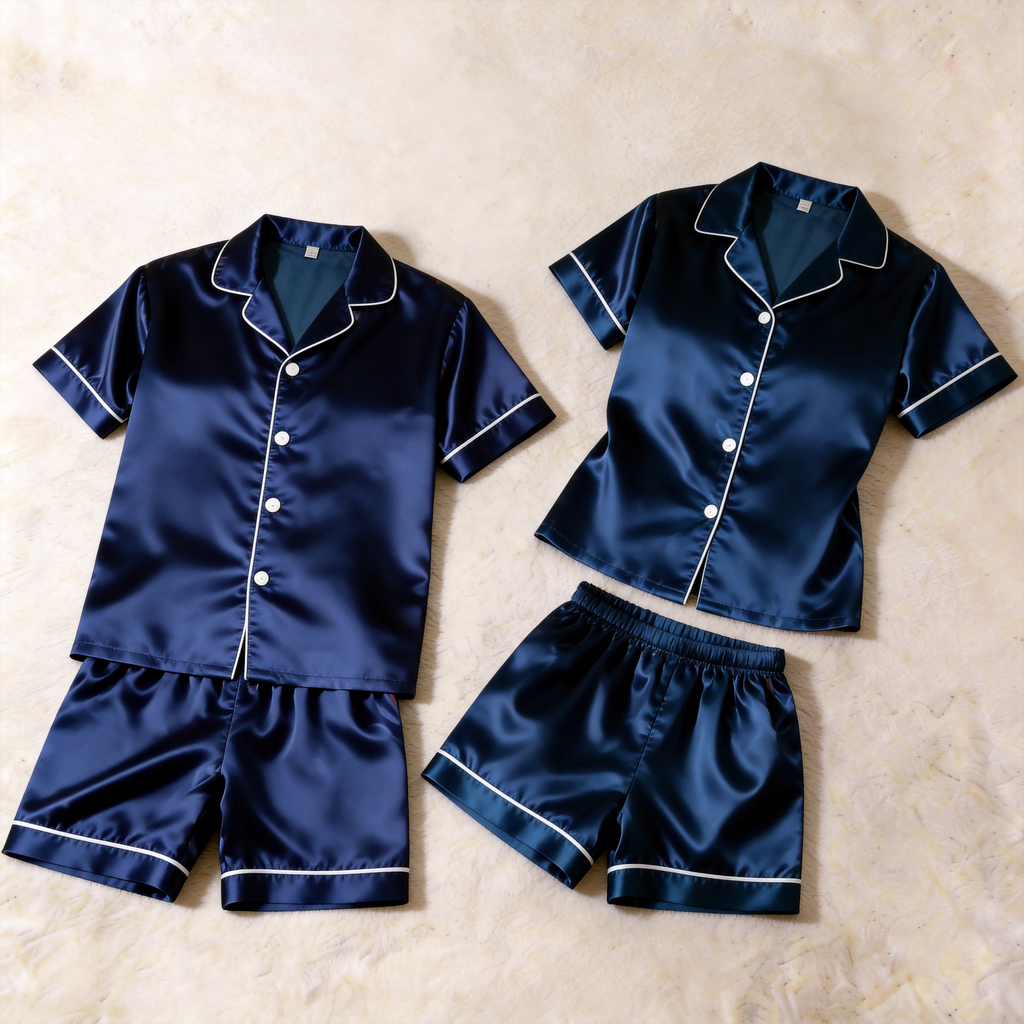 Classic Navy Satin Short Sleeve Couple Pajamas for Summer