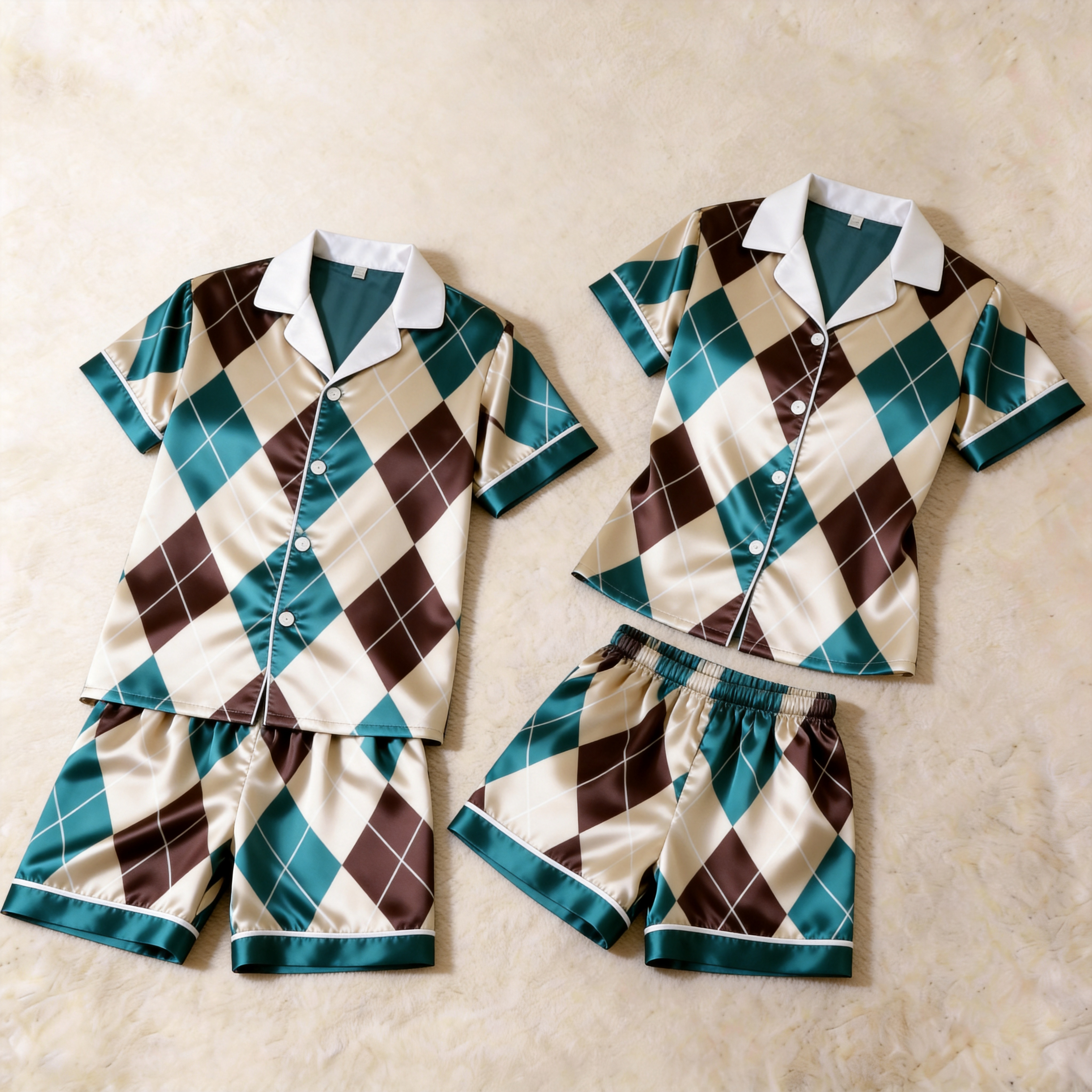 Green & Brown Plaid Print Satin Short Sleeve Couple Pajamas for Summer