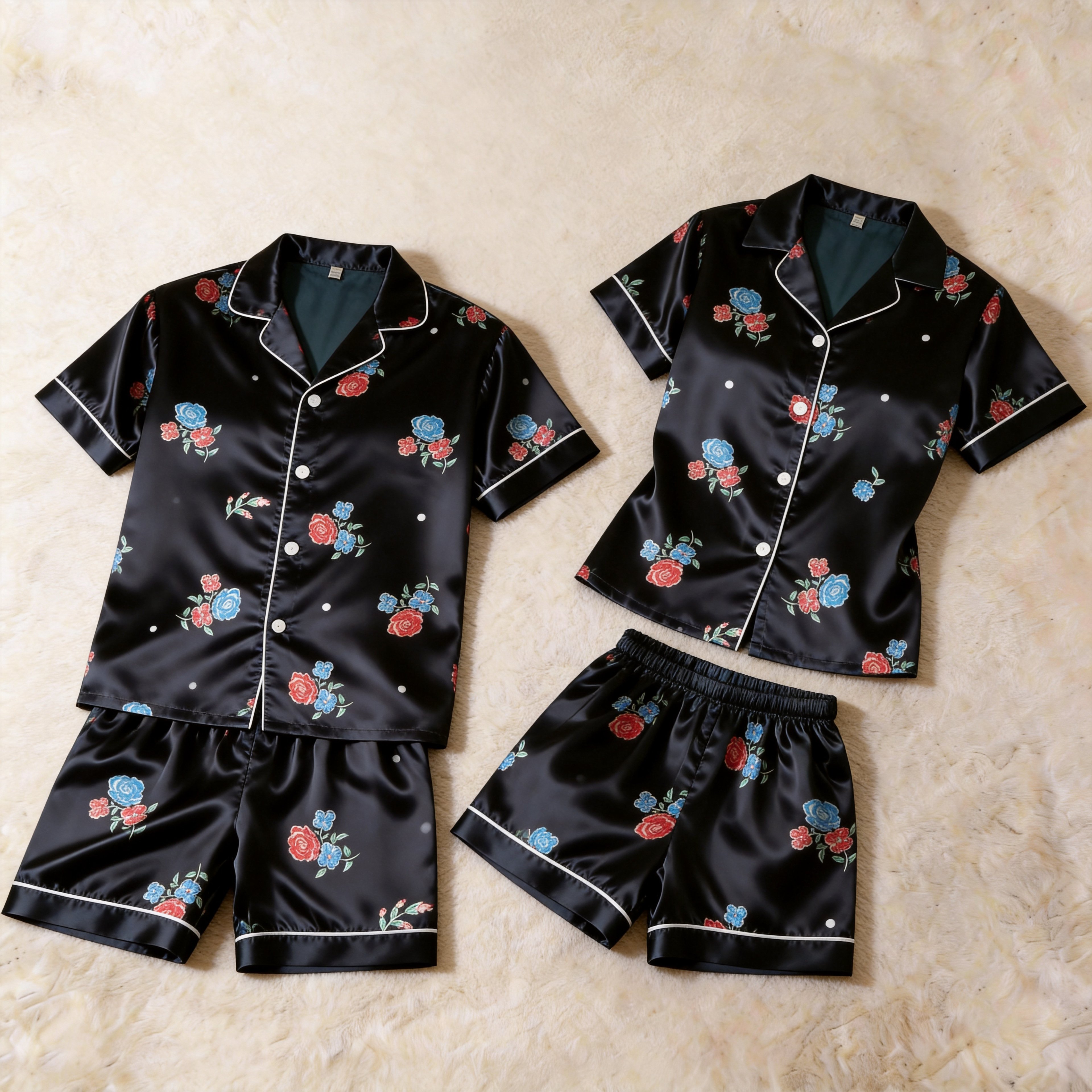 Bloomy Floral Print Satin Short Sleeve Couple Pajamas for Summer