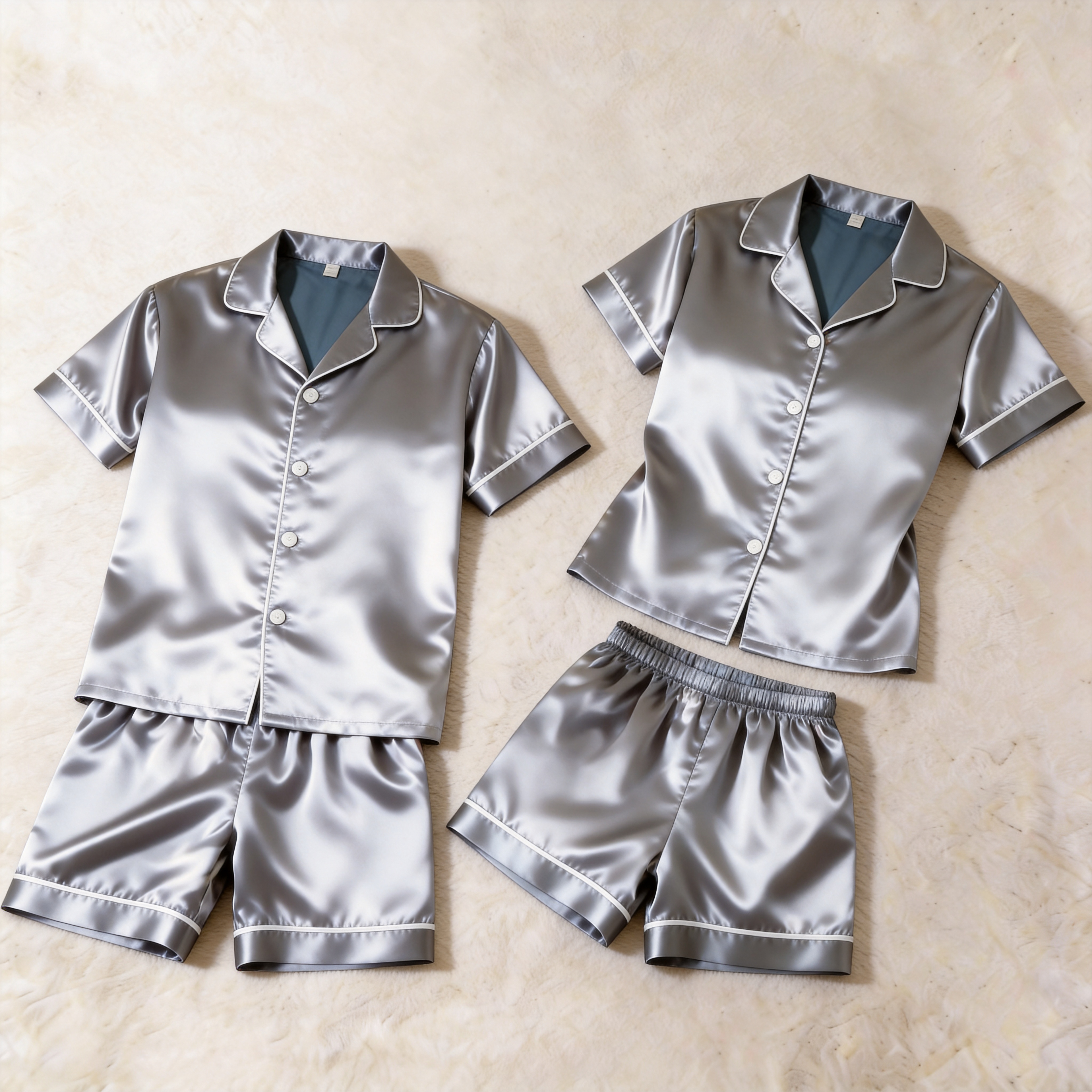 Grey Satin Short Sleeve Couple Pajamas for Summer