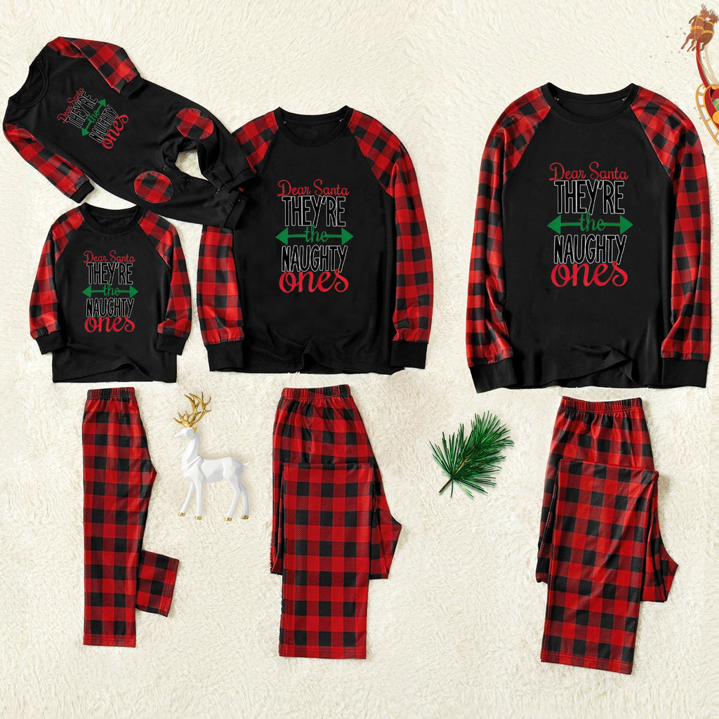 'Dear Santa Ther Are The Naughty One' Letter Print Casual Long Sleeve Sweatshirts Contrast Black Top and Black & Red Plaid Pants Family Matching Pajamas Set With Dog Bandana