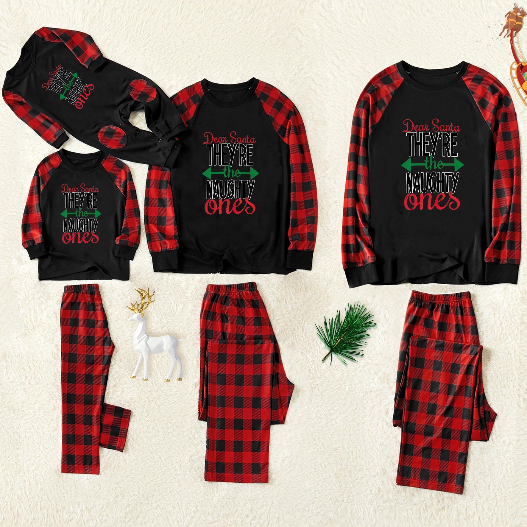 'Dear Santa Ther Are The Naughty One' Letter Print Casual Long Sleeve Sweatshirts Contrast Black Top and Black & Red Plaid Pants Family Matching Pajamas Set With Dog Bandana