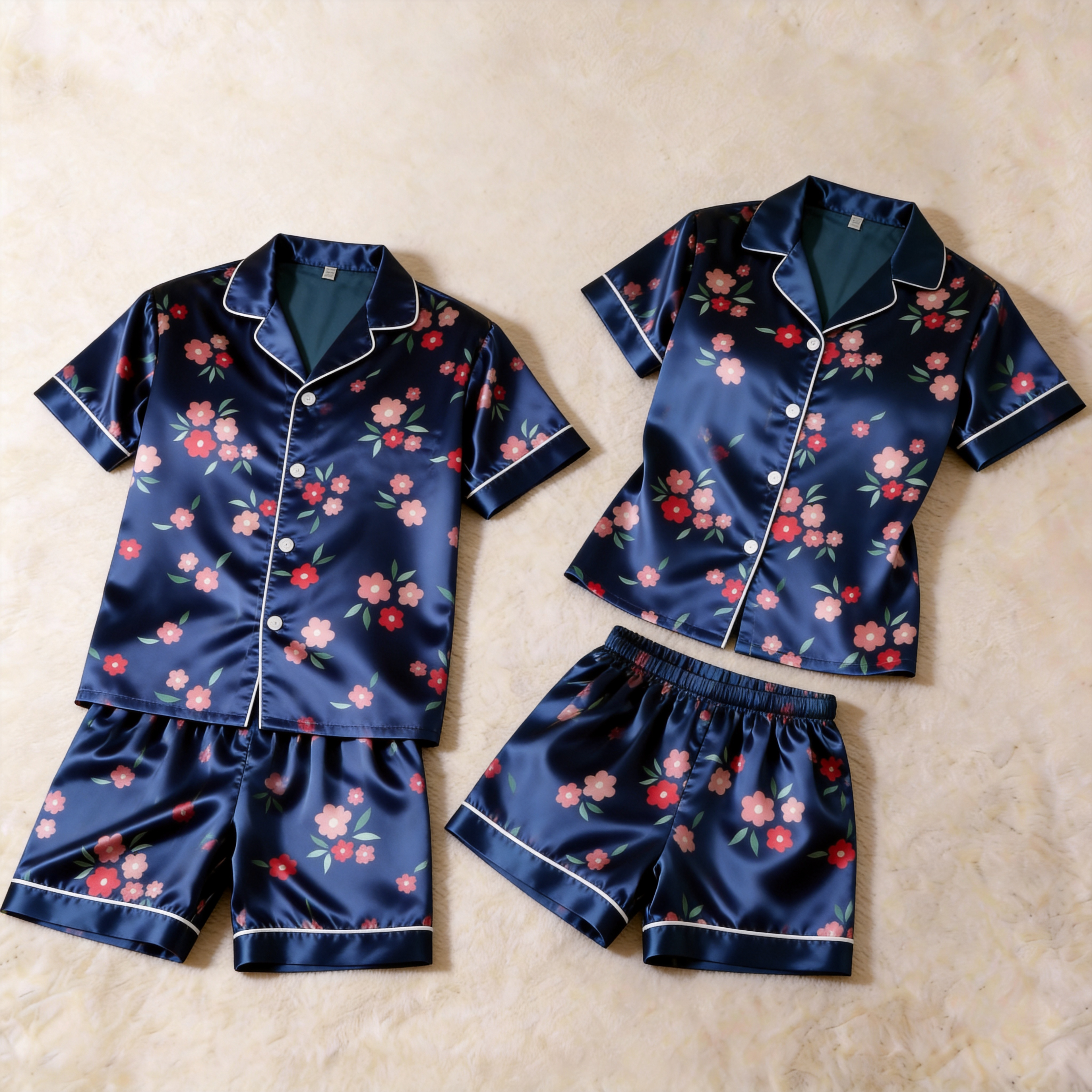 Elegant Satin Floral Print Pajama Set ¨C Silky Couple Sleepwear