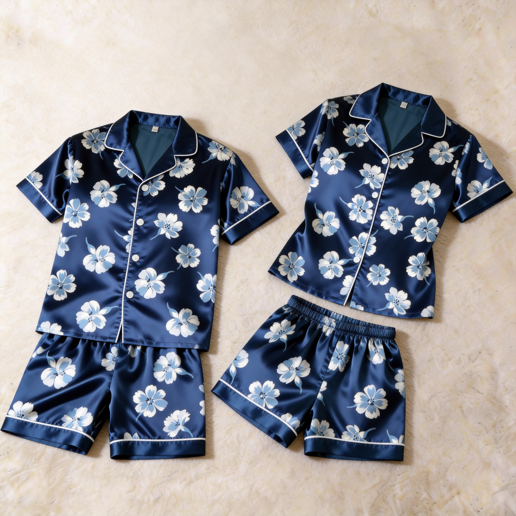 Silky Satin Navy Floral Print Pajama Set ¨C Creative Couple Sleepwear