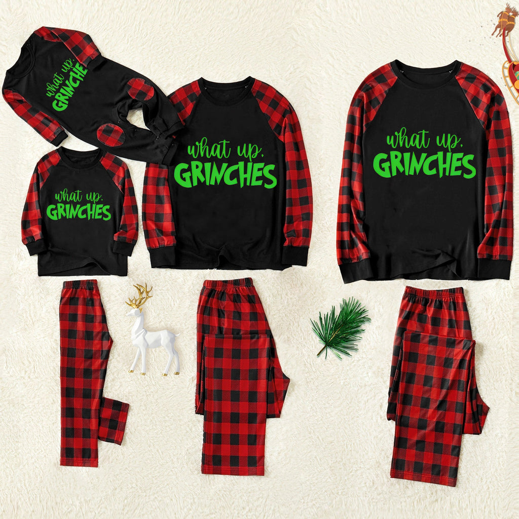 Christmas 'What Up' Letter Print Contrast Black Top and Black & Red Plaid Pants Family Matching Pajamas Set With Dog Bandana