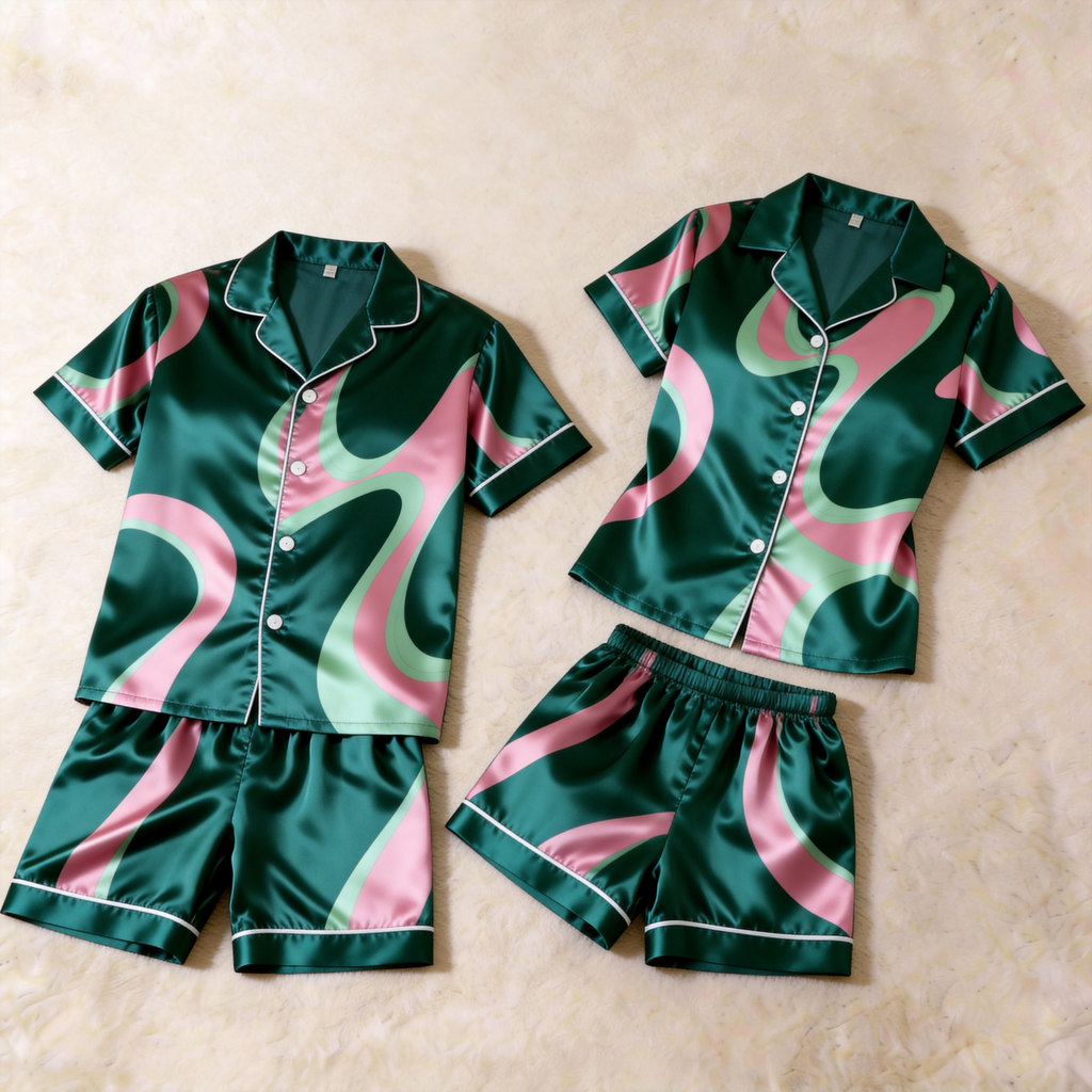 Satin Artistic Print Vintage Green Pajama Set ¨C Unique Couple Sleepwear