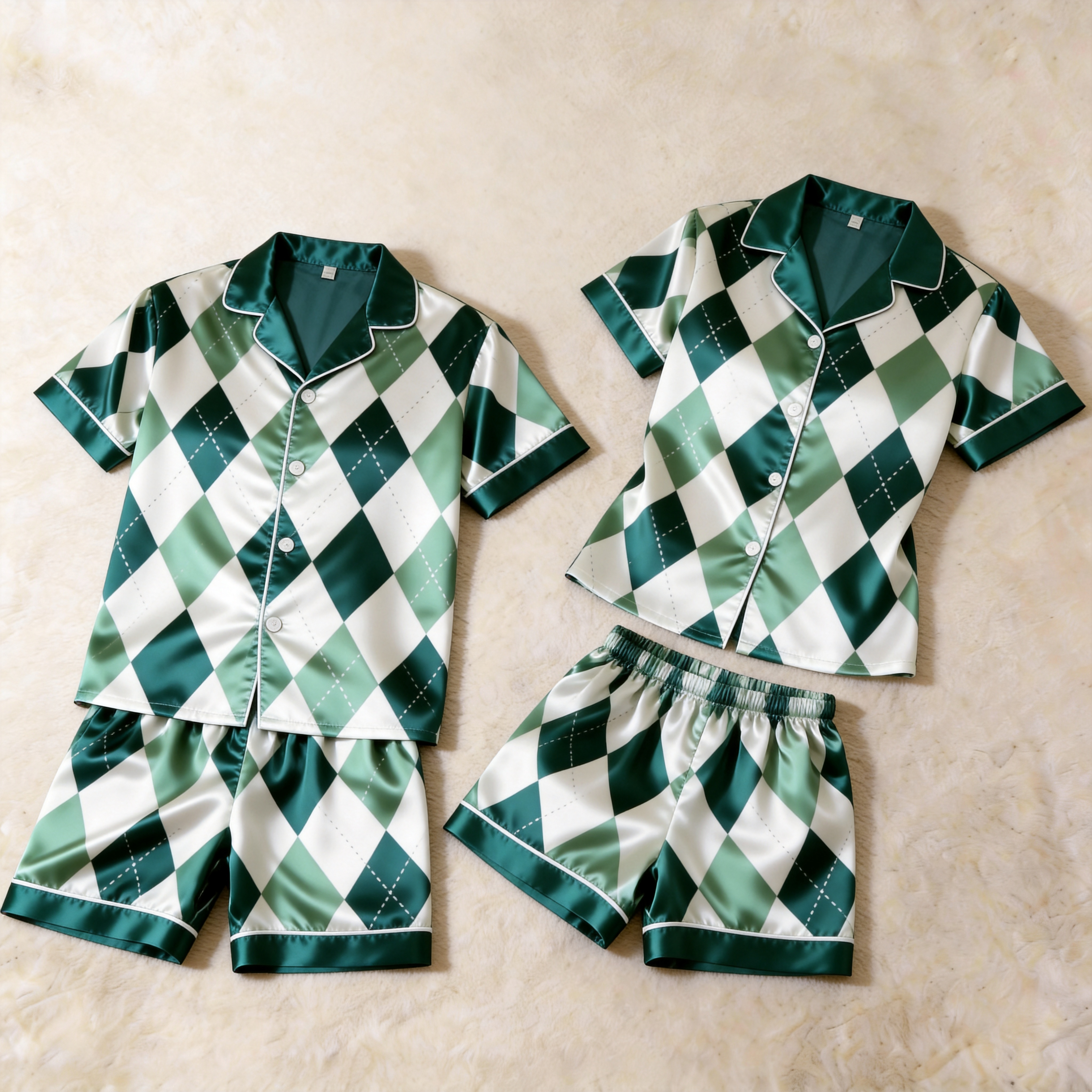 Satin Plaid Print Vintage Green Pajama Set ¨C Unique Couple Sleepwear