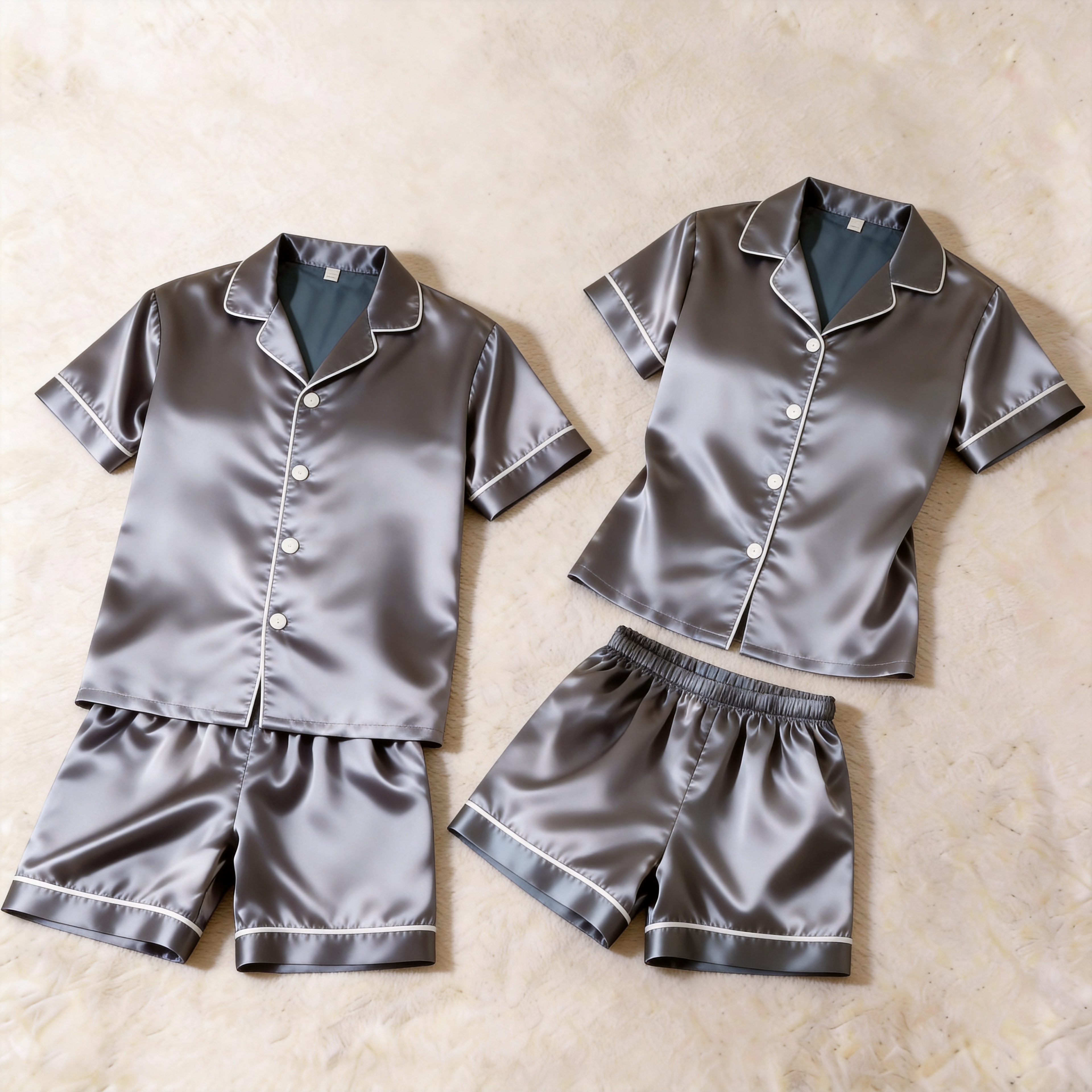 Elegant Grey Satin Solid Sleepwear ¨C Understated Luxury Couple Set