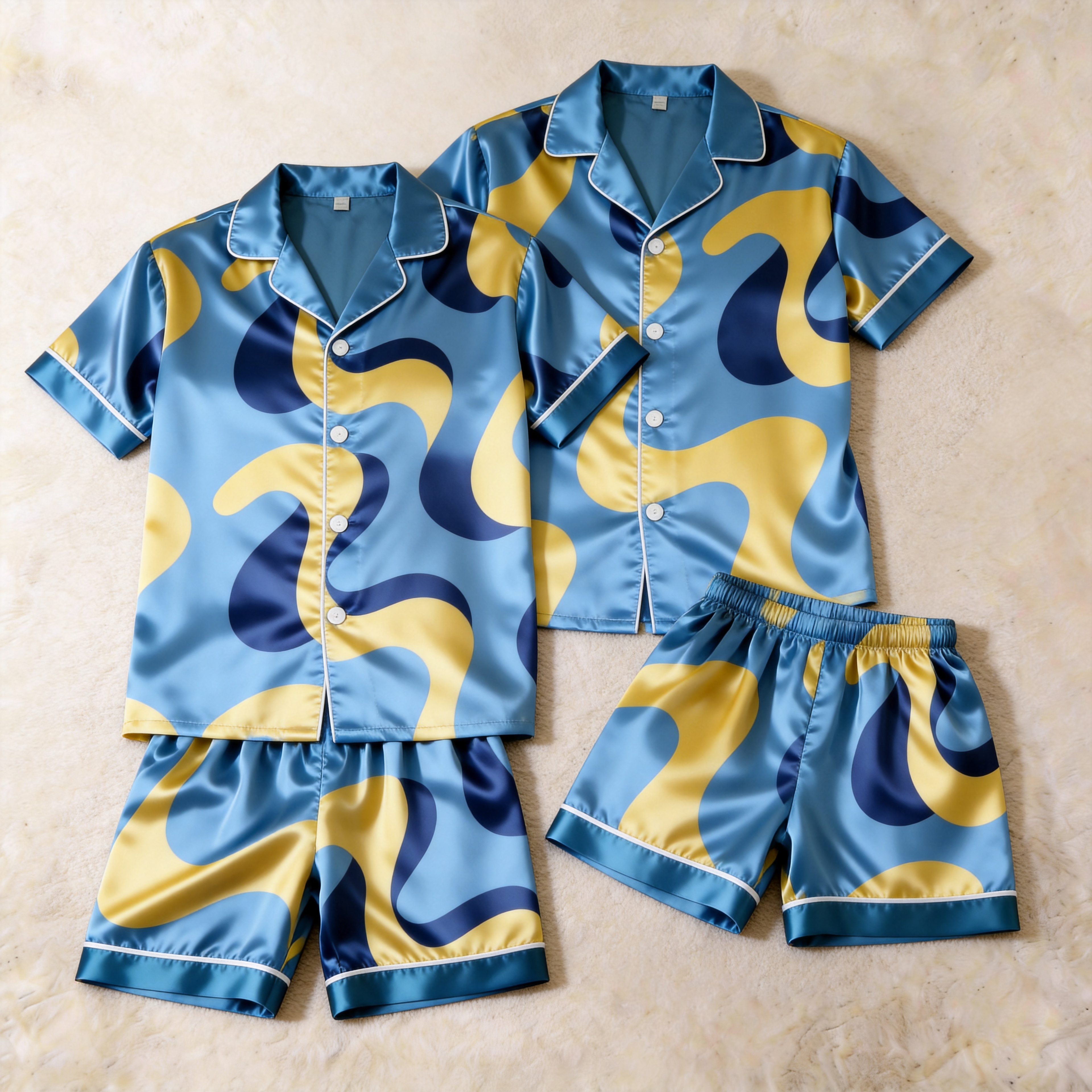 Elegant Satin Artistic Print Solid Sleepwear ¨C Understated Luxury Couple Set
