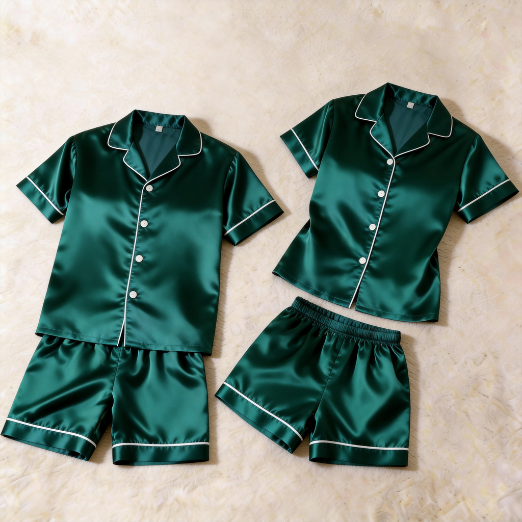 Elegant Satin Vintage Green Solid Sleepwear ¨C Understated Luxury Couple Set