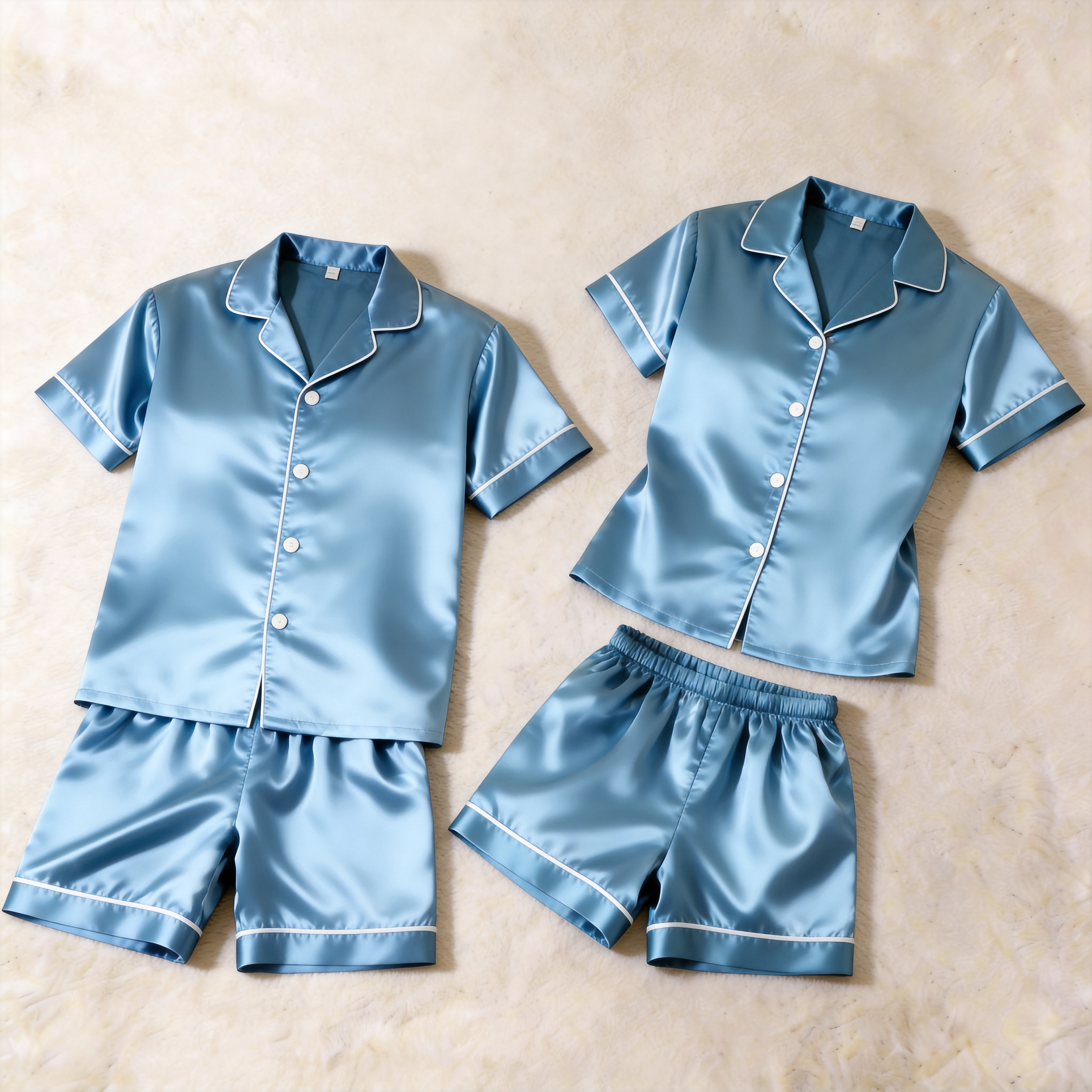 Elegant Satin Blue Solid Sleepwear ¨C Understated Luxury Couple Set