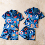 Fun Print Satin Blue Solid Sleepwear ¨C Understated Luxury Couple Set