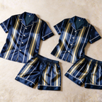 Striped Design Satin Navy Solid Sleepwear ¨C Understated Luxury Couple Set