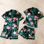 Classic Satin Flower Pattern Short Sleeve Pajamas for Her & Him