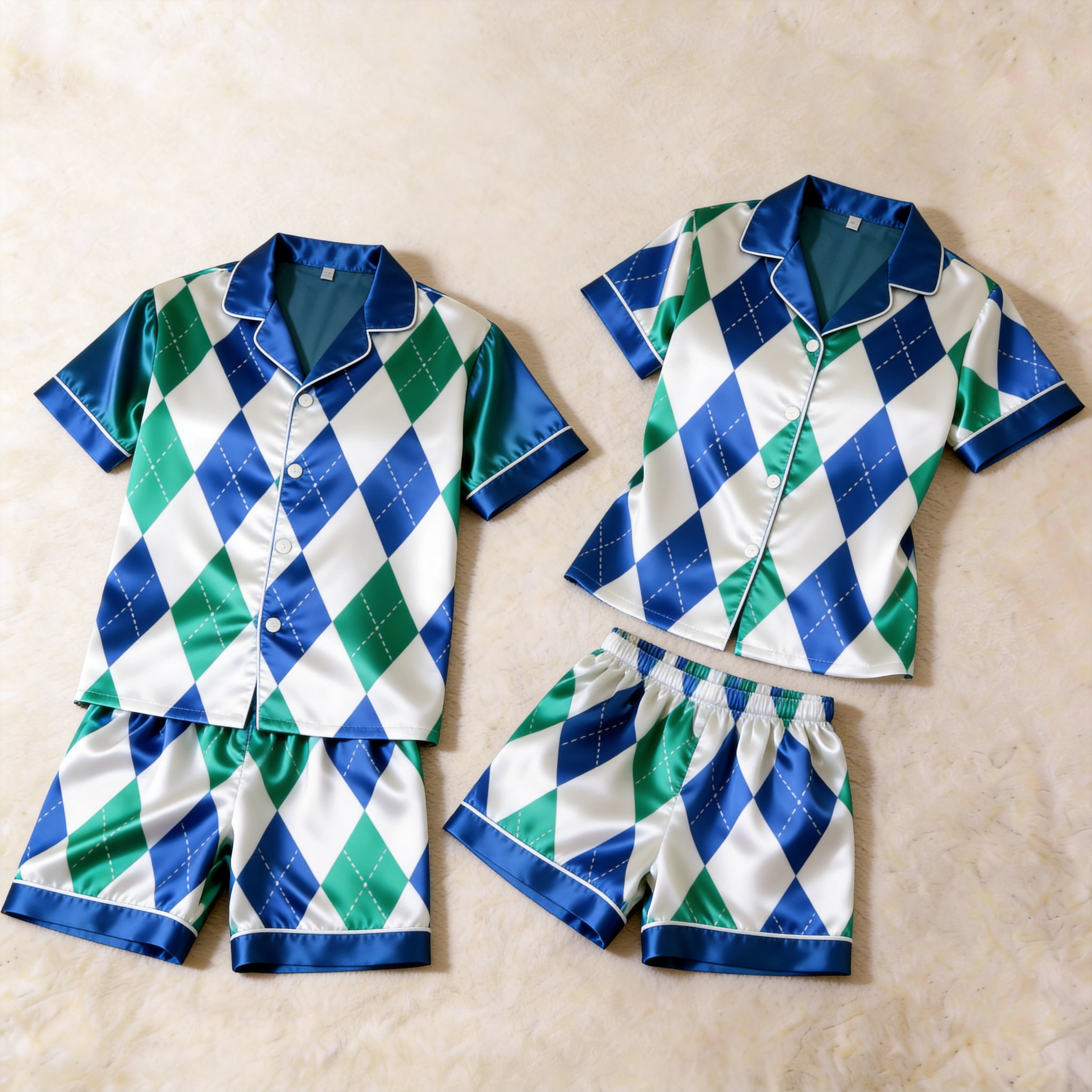 Green & Blue Plaid Design Satin Solid Sleepwear ¨C Understated Luxury Couple Set