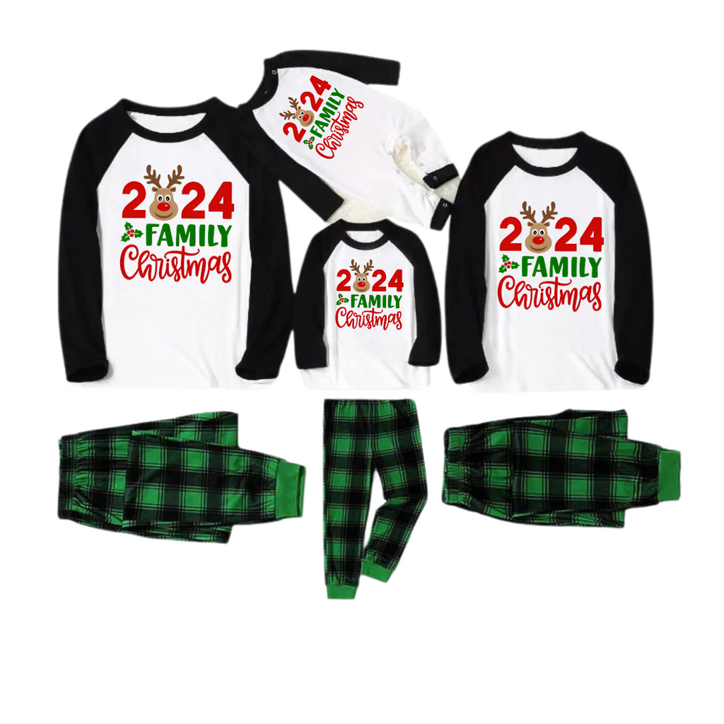"2024 Family Christmas" and Deer Printed Green and Black Plaid Christmas Family Pajamas