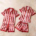 Red Striped Design Satin Solid Sleepwear ¨C Understated Luxury Couple Set