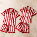 Red Striped Design Satin Solid Sleepwear ¨C Understated Luxury Couple Set