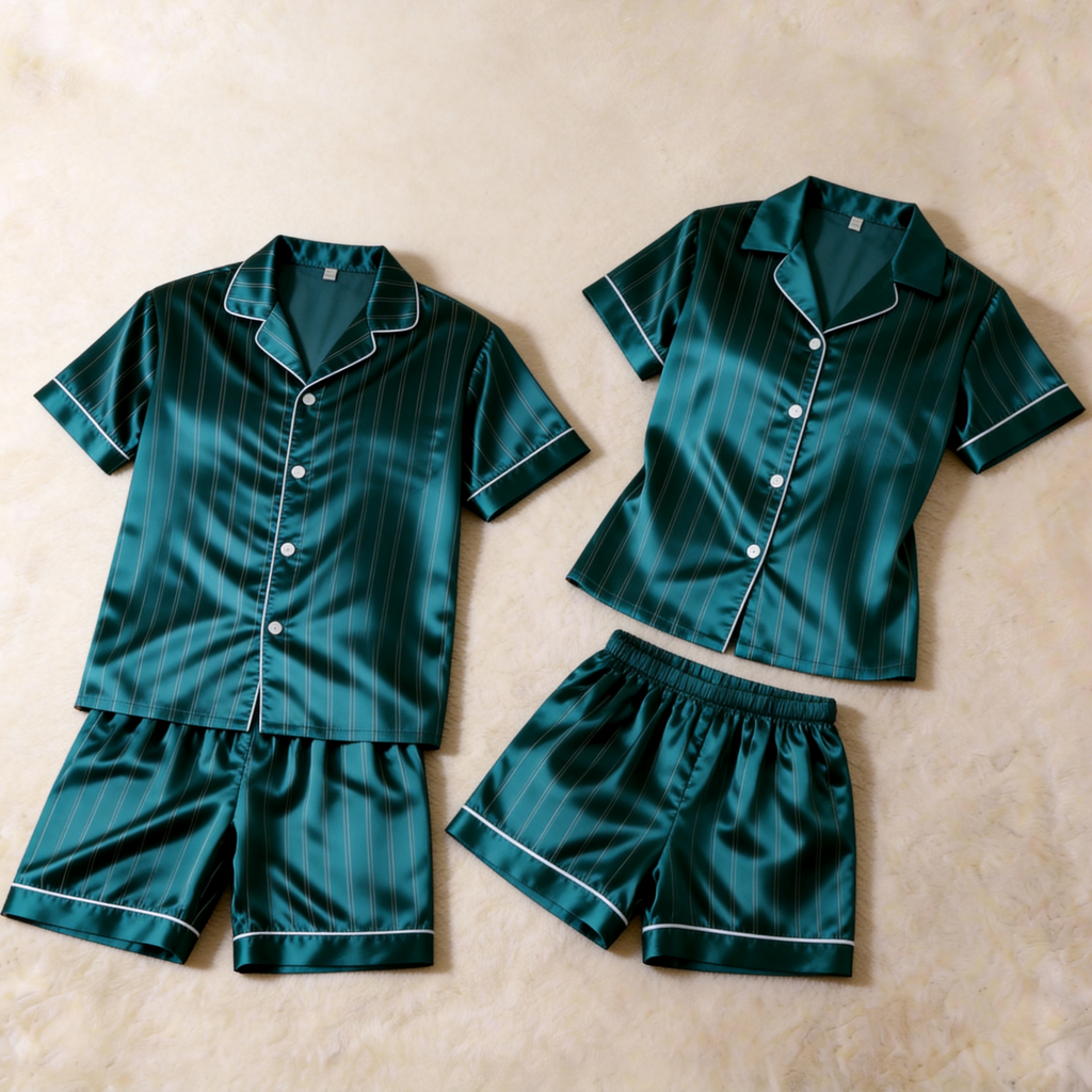 Vintage Striped Design Satin Solid Sleepwear ¨C Understated Luxury Couple Set