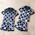 Elegant Navy Plaid Satin Sleepwear ¨C Understated Luxury Couple Set