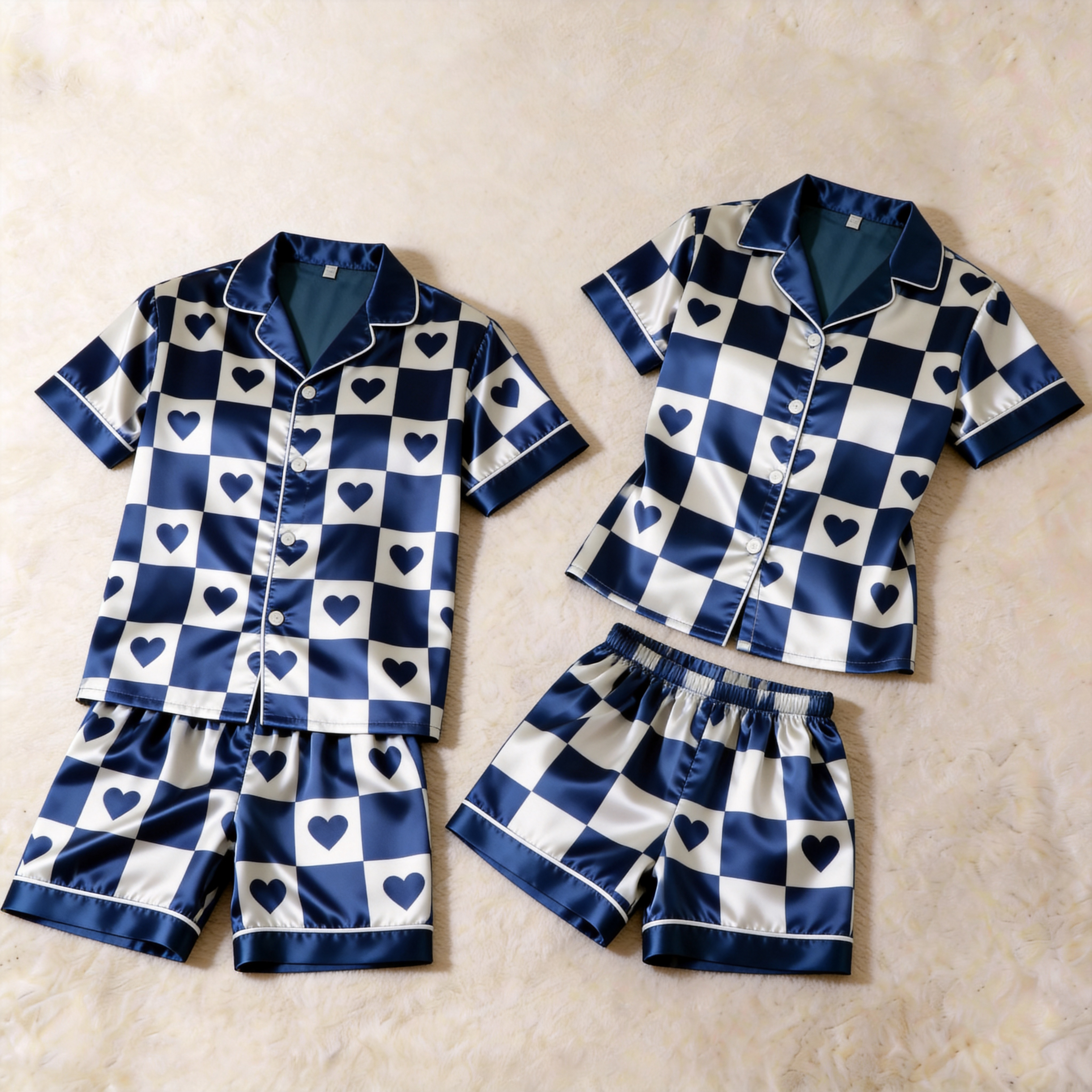 Elegant Navy Plaid Satin Sleepwear ¨C Understated Luxury Couple Set