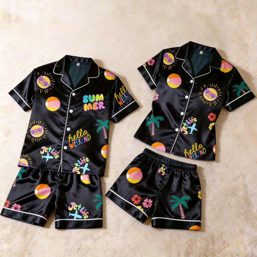 Silky Satin Summer Print Pajama Set ¨C Classic Couple Sleepwear