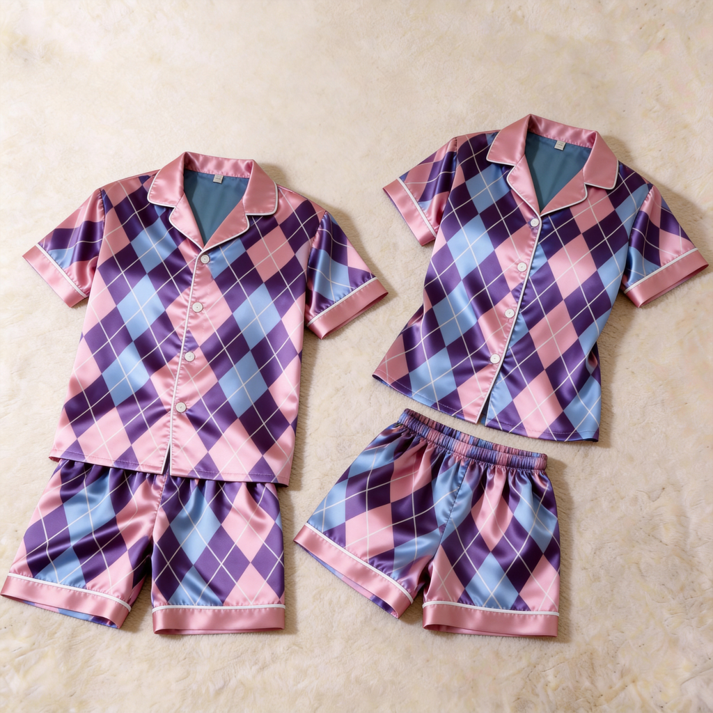Silky Satin Plaid Print Pajama Set ¨C Classic Couple Sleepwear
