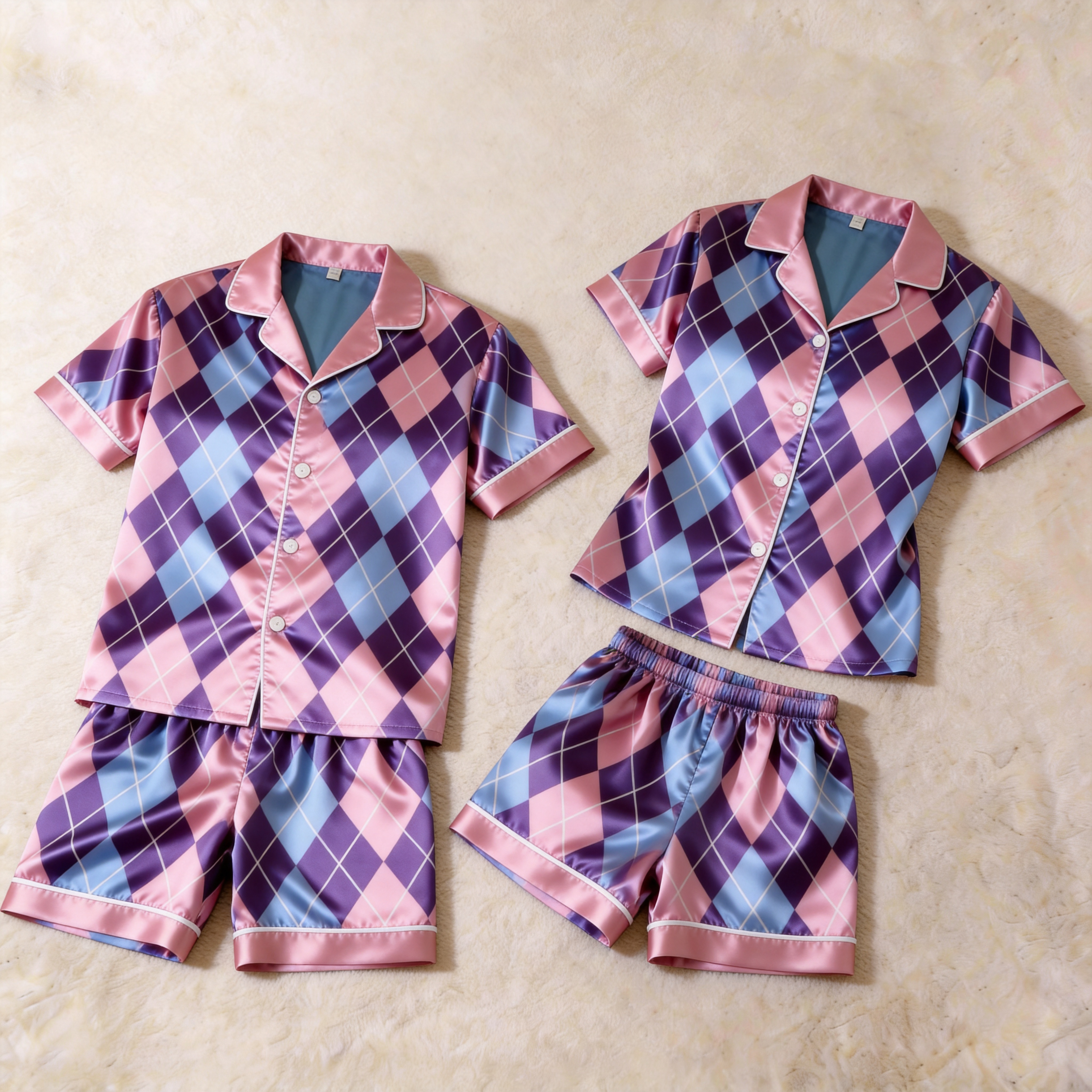 Silky Satin Plaid Print Pajama Set ¨C Classic Couple Sleepwear