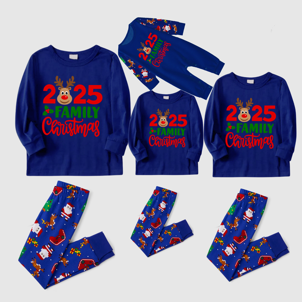 2025 Family Matching Christmas Pajamas -Navy Blue Top & Santa Print Pants