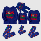 2025 Family Matching Christmas Pajamas -Navy Blue Top & Santa Print Pants
