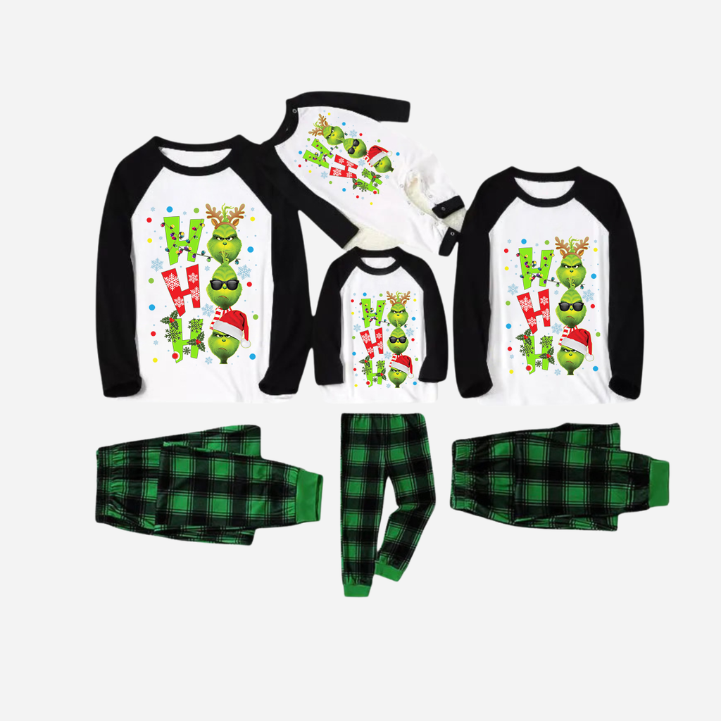 Black Raglan Top Green Plaid Christmas Pajamas Set With "ho ho ho" and Christmas Grinch Print