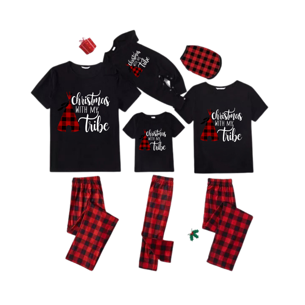 Christmas with My Tribe Family Pajamas Set - Black Top Red Pants Red Plaid Sleeves Teepee Print