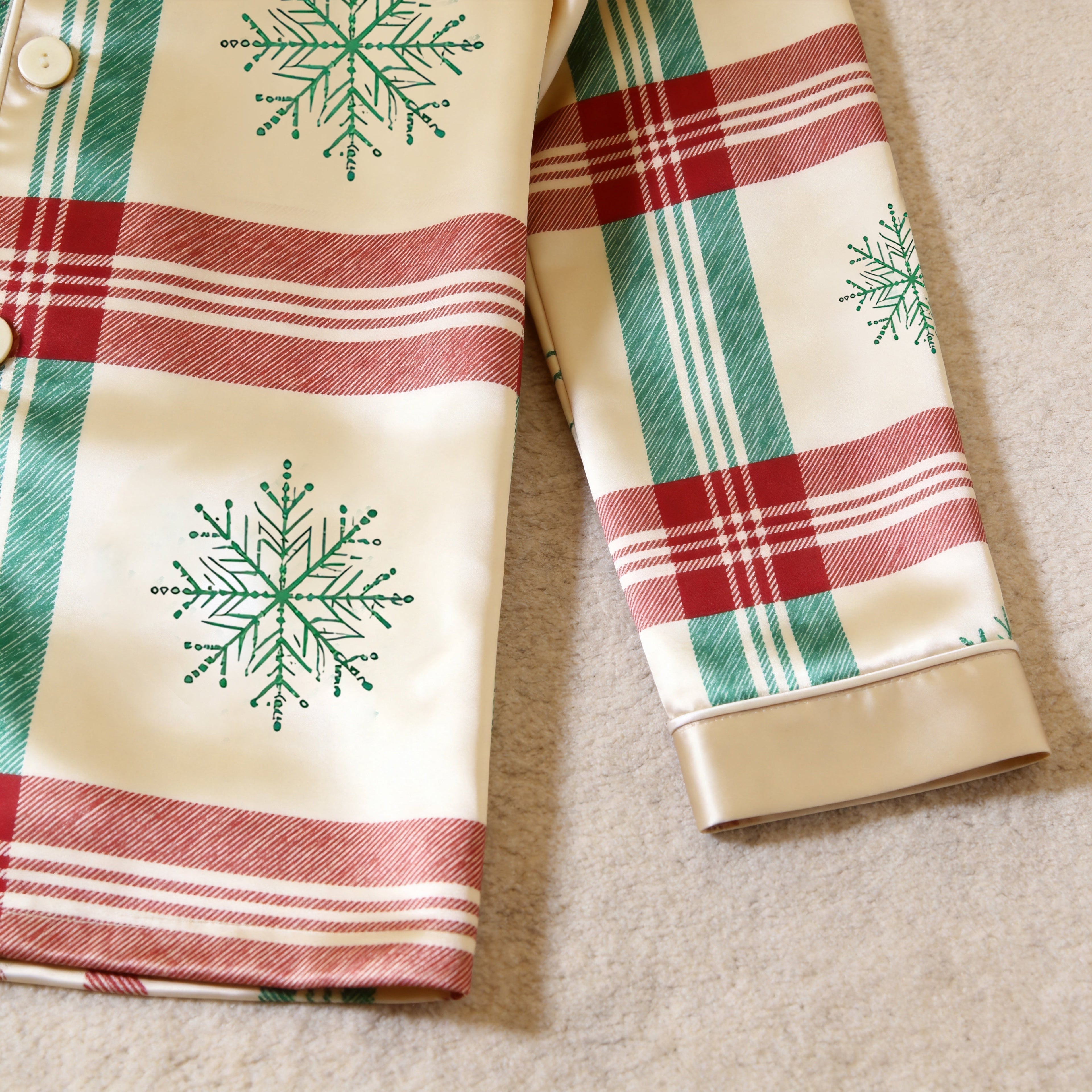 Snowflake Plaid Satin Matching Pajamas for Couples – Long Sleeve Button-Down Top & Pants Sleepwear Set
