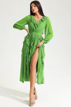 Long Sleeve V-Neck Ruffle Midi Dress Green