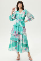 Tie Dye Lantern Sleeve V-Neck Layered Hem Midi Dress
