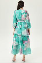 Tie Dye Lantern Sleeve V-Neck Layered Hem Midi Dress