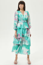 Tie Dye Lantern Sleeve V-Neck Layered Hem Midi Dress