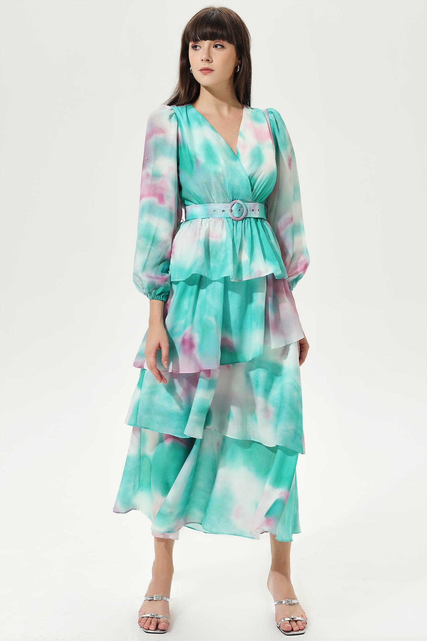Tie Dye Lantern Sleeve V-Neck Layered Hem Midi Dress