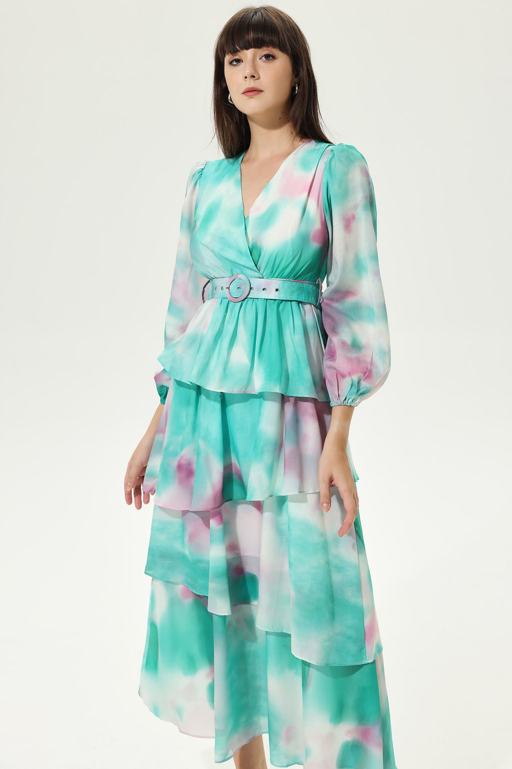 Tie Dye Lantern Sleeve V-Neck Layered Hem Midi Dress