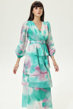 Tie Dye Lantern Sleeve V-Neck Layered Hem Midi Dress