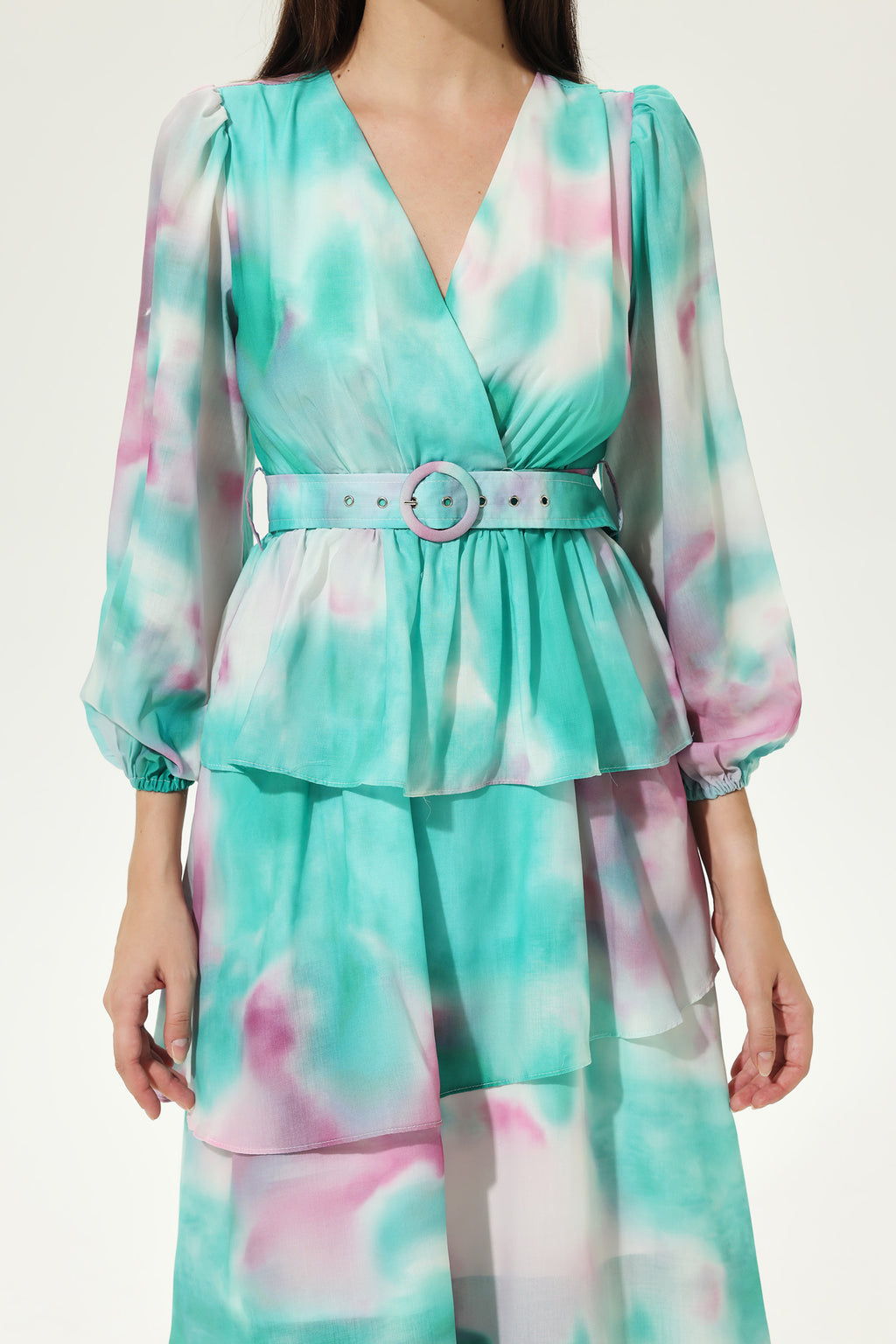 Tie Dye Lantern Sleeve V-Neck Layered Hem Midi Dress
