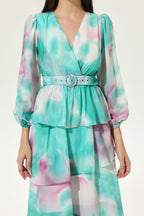 Tie Dye Lantern Sleeve V-Neck Layered Hem Midi Dress