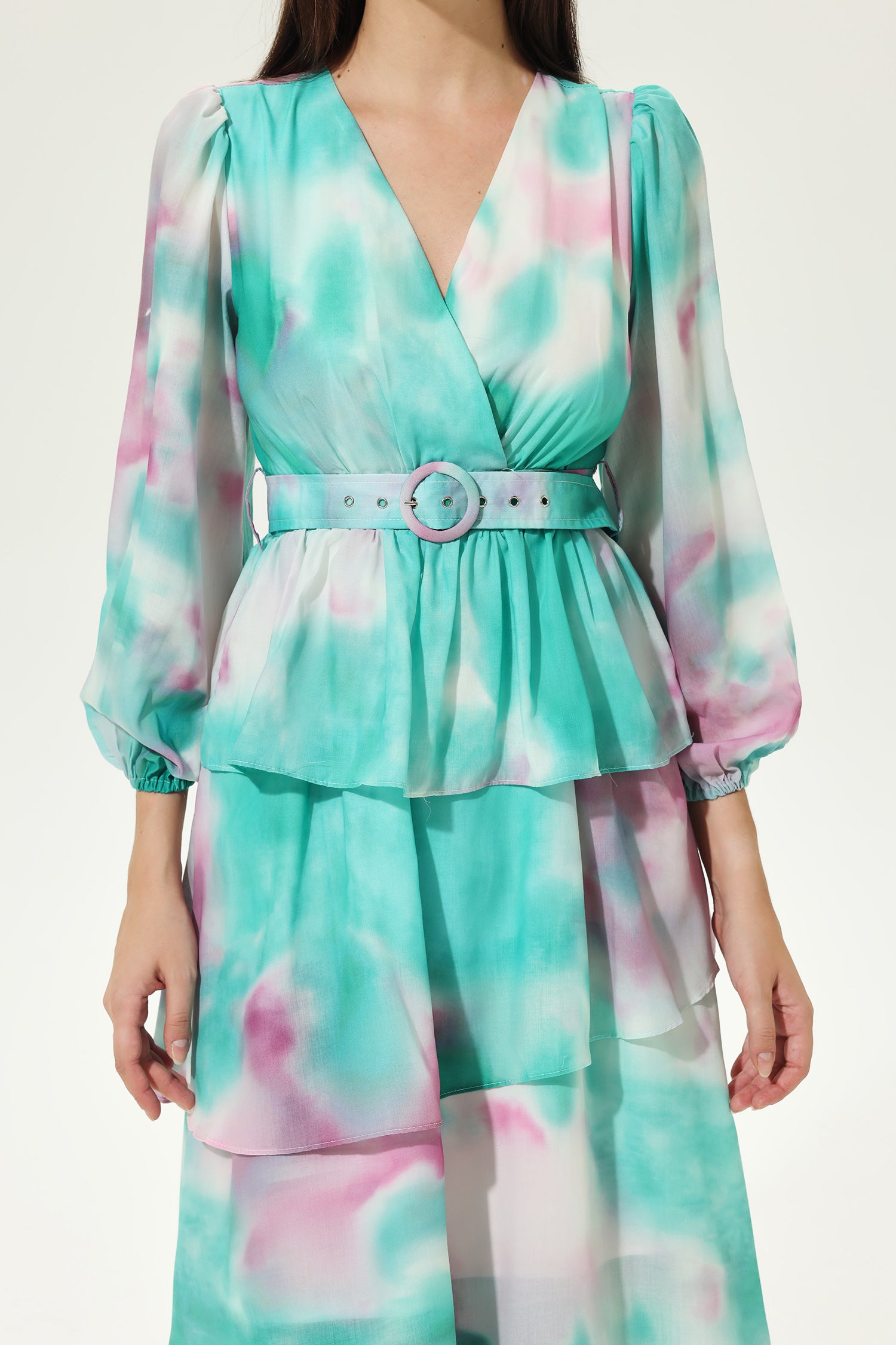 Tie Dye Lantern Sleeve V-Neck Layered Hem Midi Dress