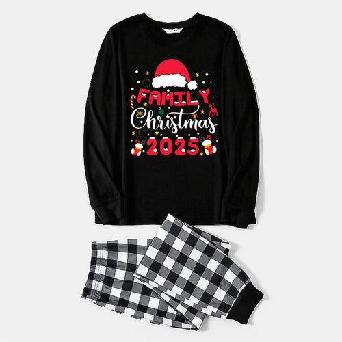 "2025 Family Christmas" Text and Christmas Pattern Black and White Plaid Family Matching Pajamas