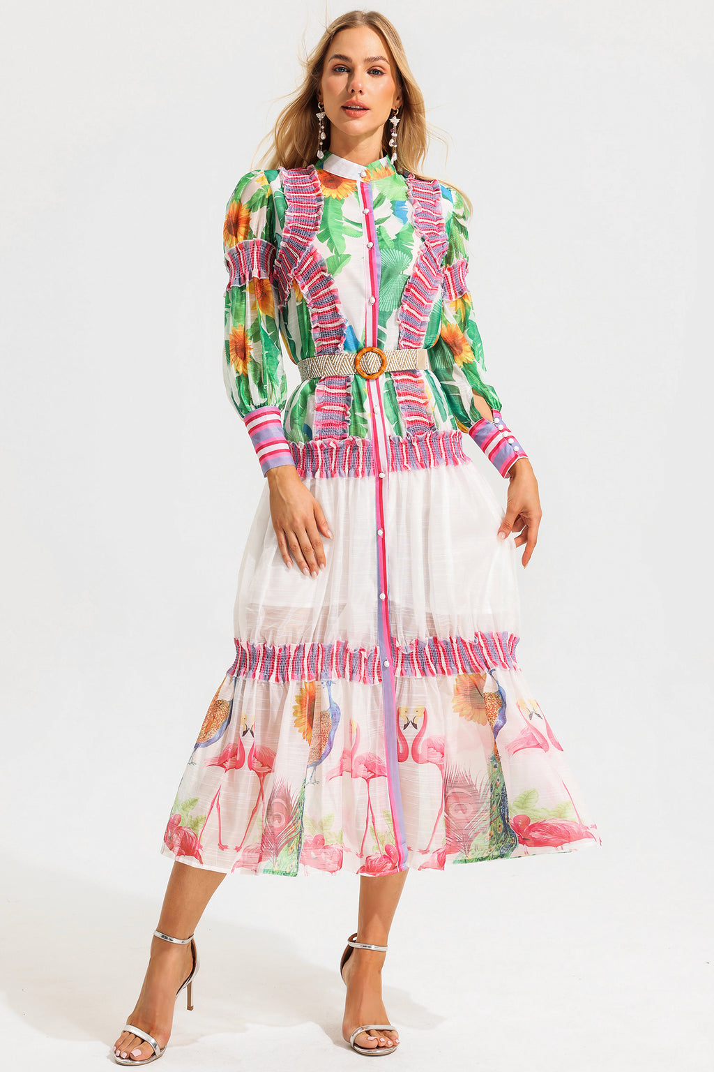 Floral Lantern Sleeve Stand Collar Ruffle Maxi Dress