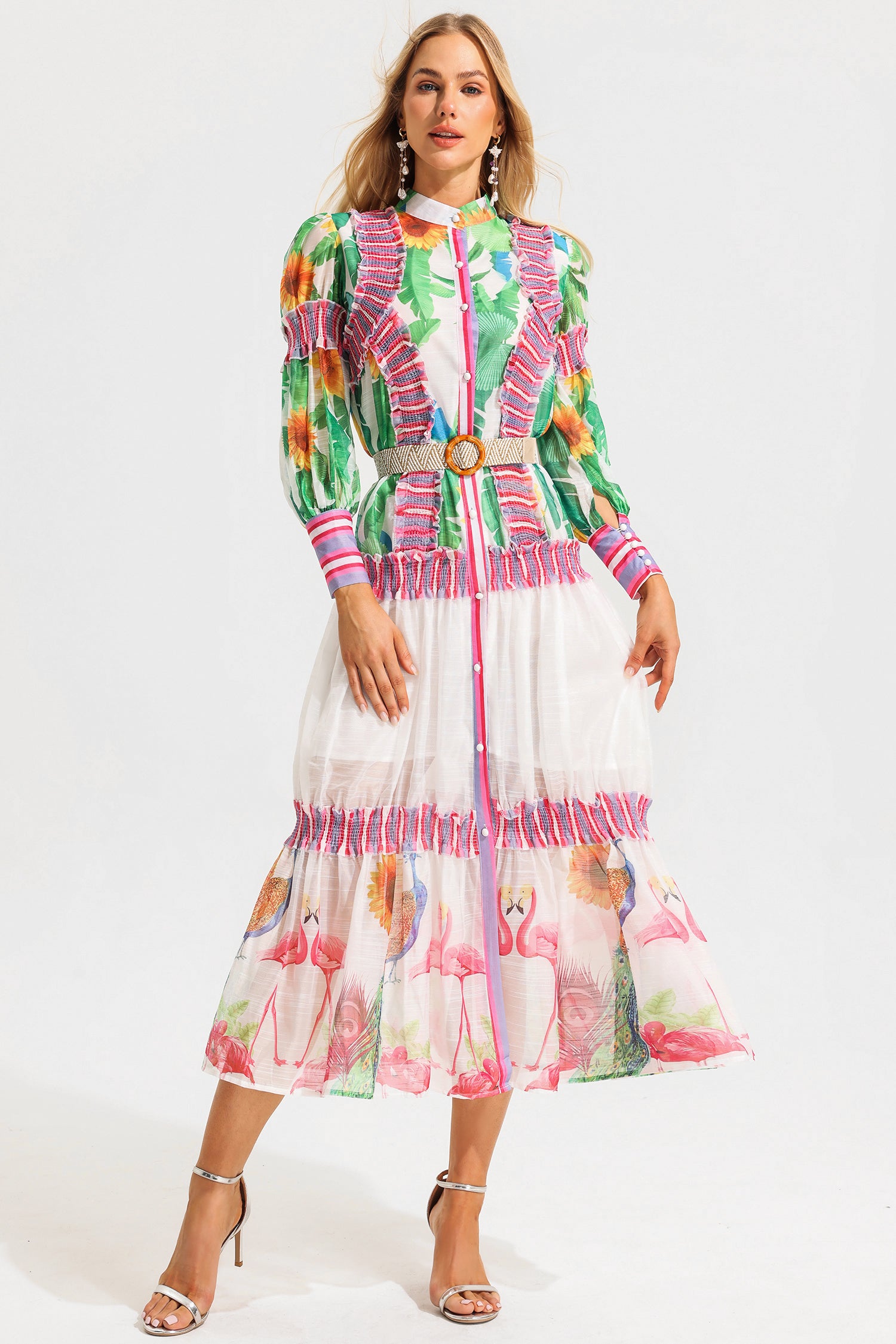 Floral Lantern Sleeve Stand Collar Ruffle Maxi Dress